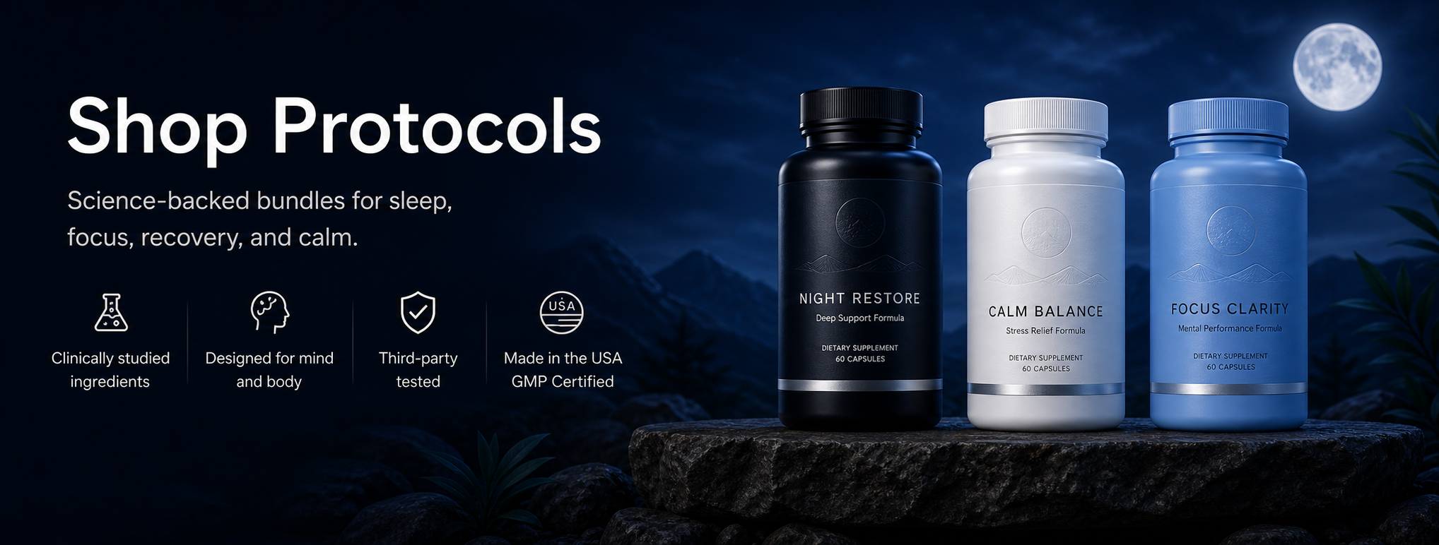 Shop Protocols - science-backed bundles for sleep, focus, recovery, and calm